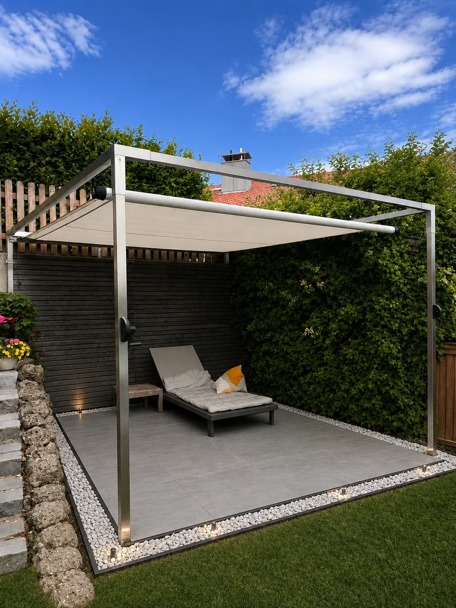 SHADE CUBE über einer Gartenlounge mit Liege, filigraner Edelstahl-Rahmen vor blauem Himmel