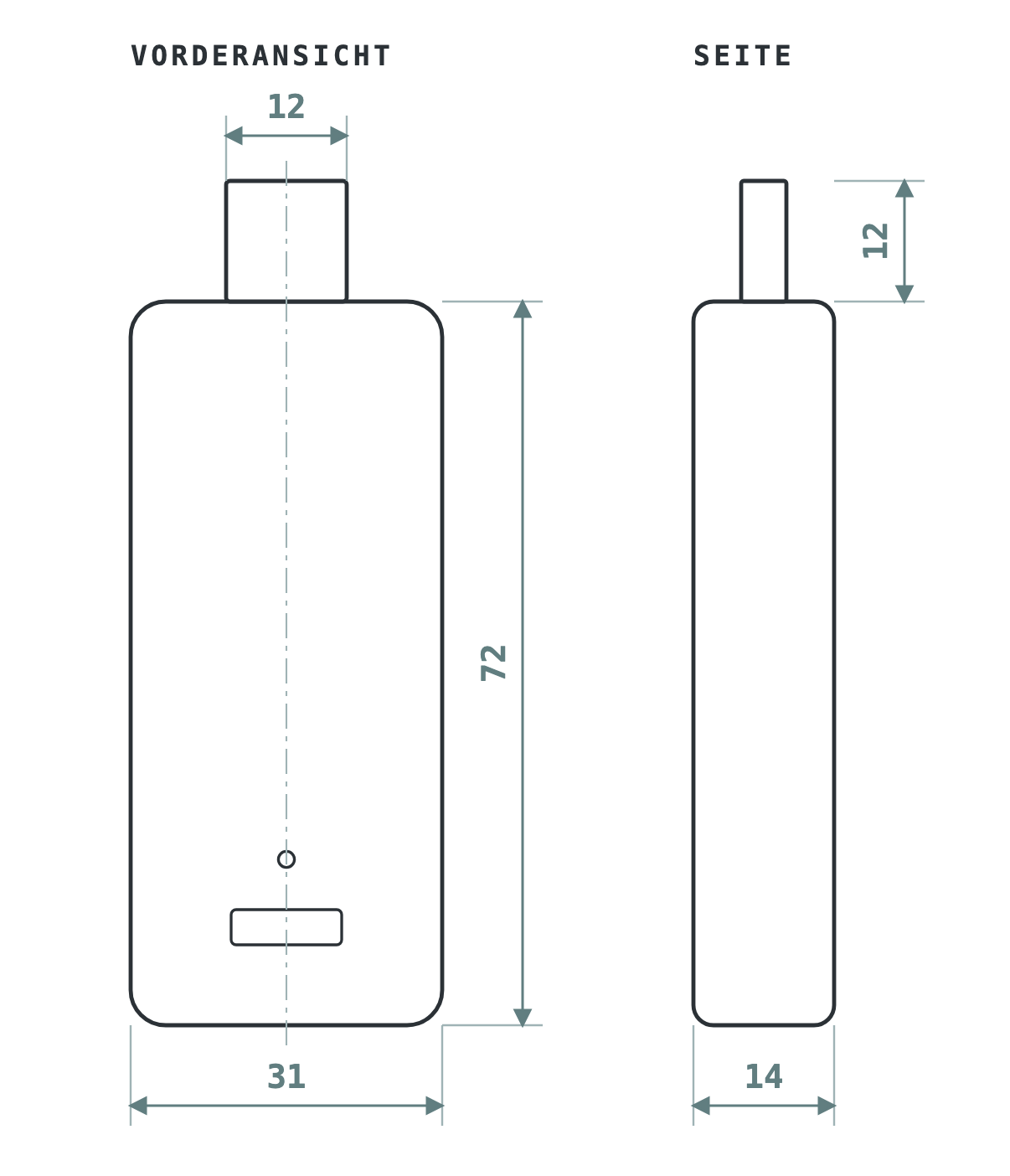 Maßzeichnung E-SHADE SMART Stick: Vorderansicht 31 × 72 mm, Seitenansicht 14 mm, USB-A-Stecker 12 mm