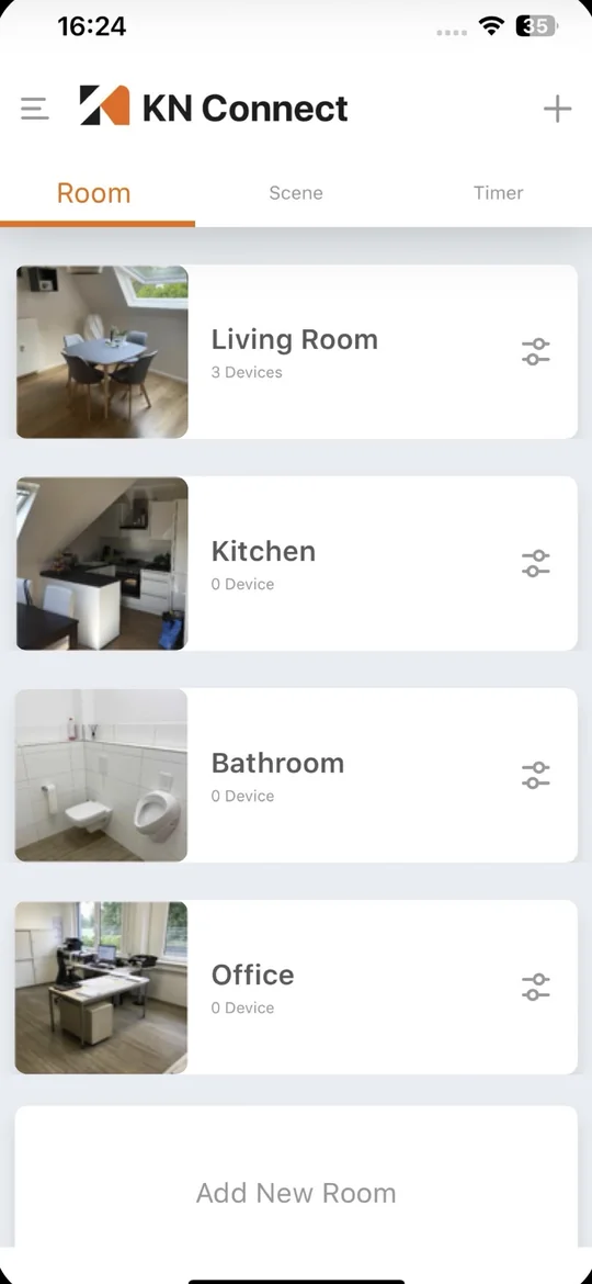 KN Connect App – Räume: Living Room, Kitchen, Bathroom, Office