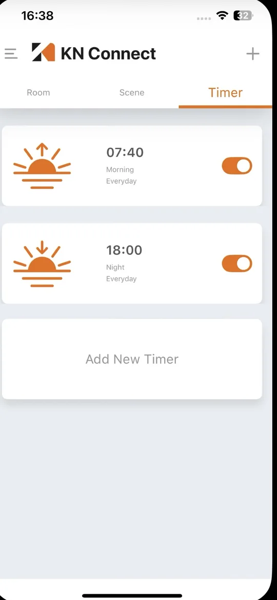 KN Connect App – Timer: 07:40 morgens, 18:00 abends